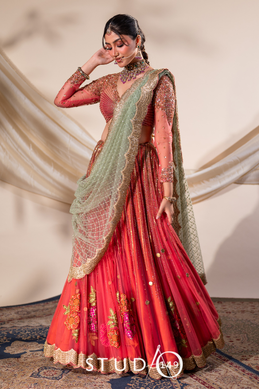 Hand embroidered tulle lehenga in coral | Bridal / Engagement wear