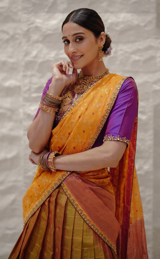 Mustard Chanderi Half Saree | Reception & Engagement Wear by Studio 149, Chennai