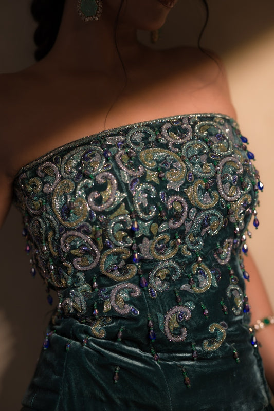 Embellished corset with drape skirt in teal blue| Sangeet / Cocktail wear by Studio 149