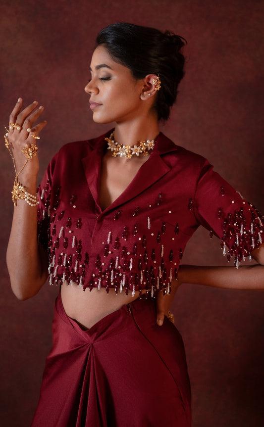 DESIGNER CROPTOP AND  DRAPE SKIRT IN MARRON