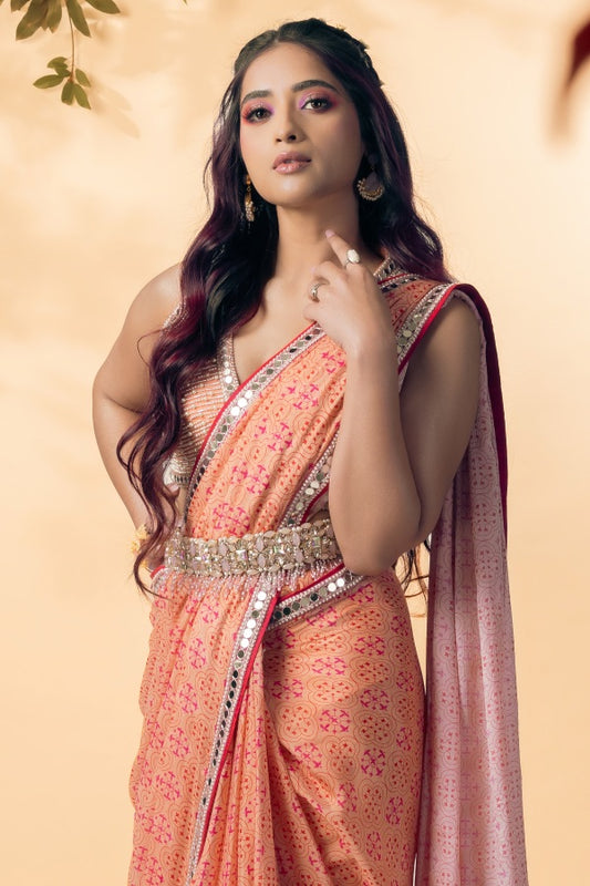 DESIGNER PRINTED PEACH SAREE