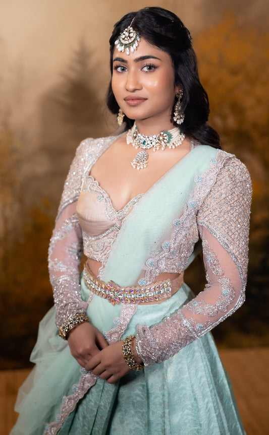 Bridal Kanchipuram Half Saree in Pastel Blue and Beige| Bridal Engagement and reception wear by Studio149, Chennai