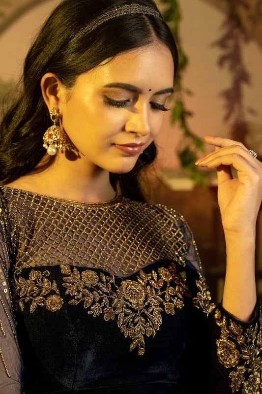 Tulle lehenga in navy blue | Reception / Engagement wear by Studio 149, Chennai
