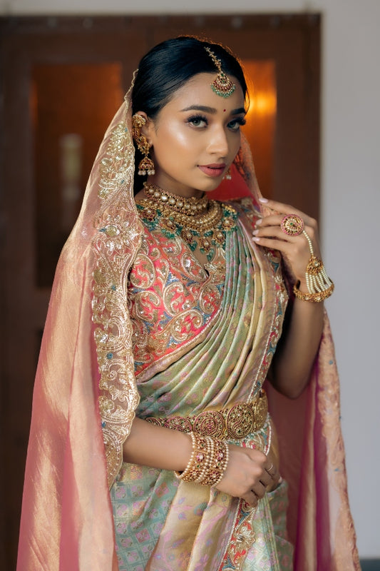BRIDAL MUHURTAM SAREE IN TEAL AND PINK