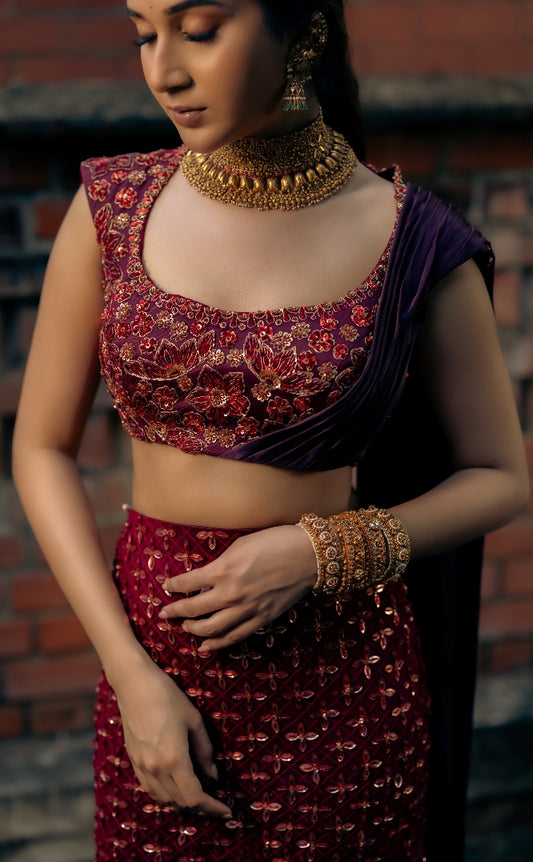 BRIDAL TULLE LEHENGA IN MAROON