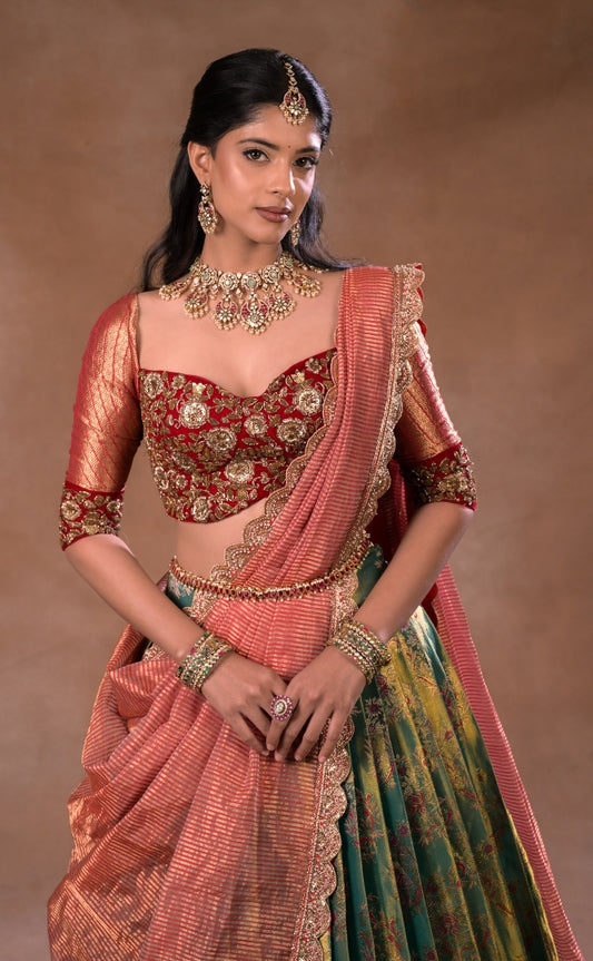 Kanjeevaram half saree in Burgundy and Green | Bridal / Engagement wear by Studio 149, Chennai
