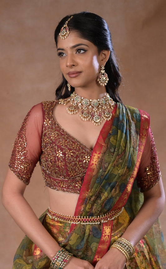 Kanjeevaram half saree in Maroon and Green| Bridal / Engagement wear by Studio 149, Chennai