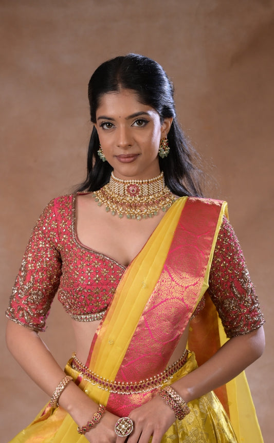 Kanjeevaram half saree in yellow and pink| Bridal / Engagement wear by Studio 149, Chennai
