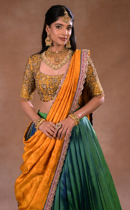 Kanjeevaram half saree in Mustard and Turquoise| Bridal / Engagement wear by Studio 149, Chennai