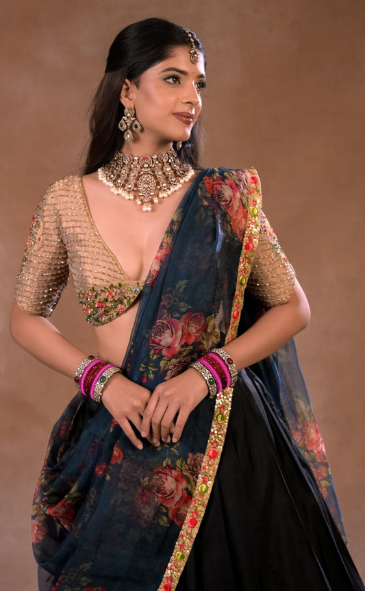 Kanjeevaram half saree in black and gold| Bridal / Engagement wear by Studio 149, Chennai