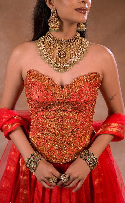 Red kanjeevaram halfsaree| Bridal / Engagement wear by Studio 149, Chennai