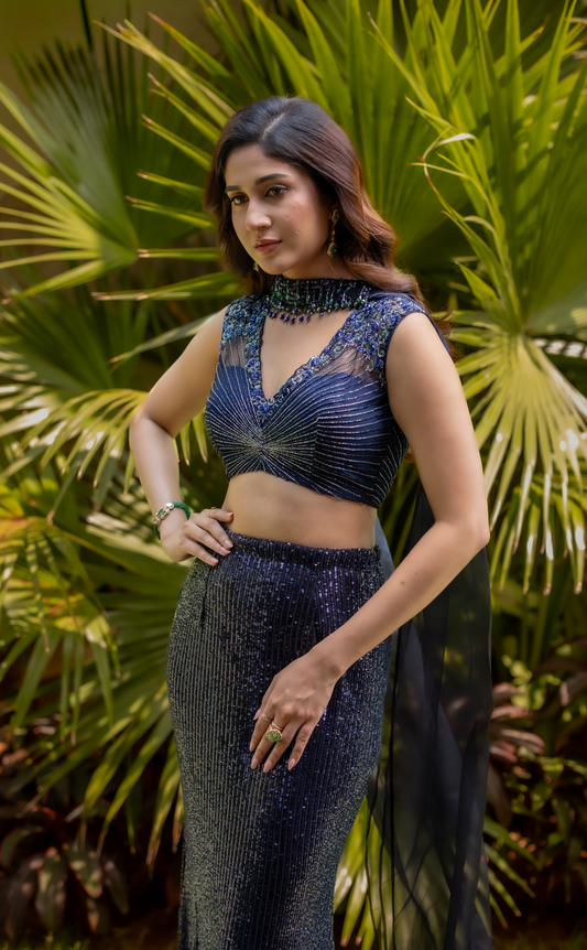 Designer Mermaid skirt set in Blue| Bridal wear for Cocktail/ Sangeet by Studio 149, Chennai