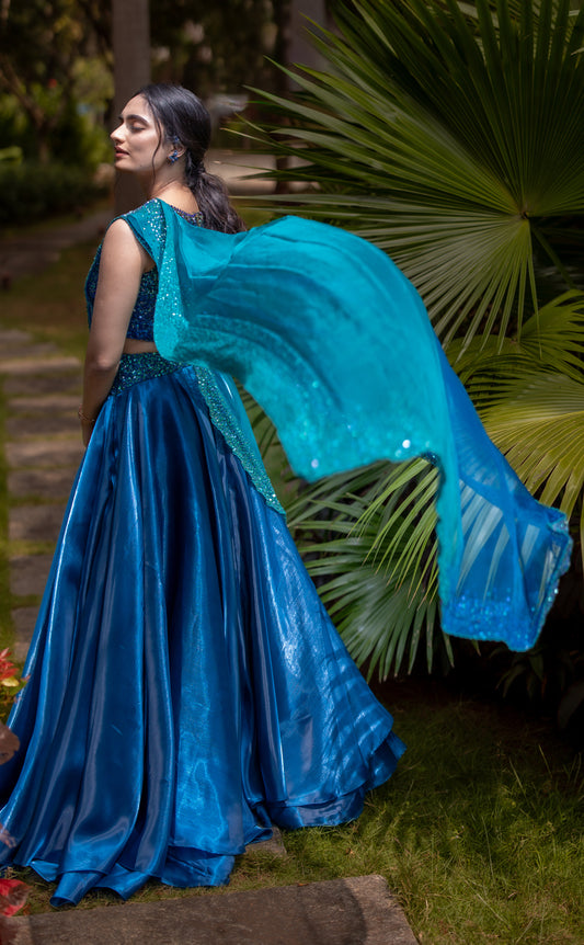 Designer Crop top and Skirt Set in Blue| Bridal wear for Cocktail/ Sangeet by Studio 149, Chennai