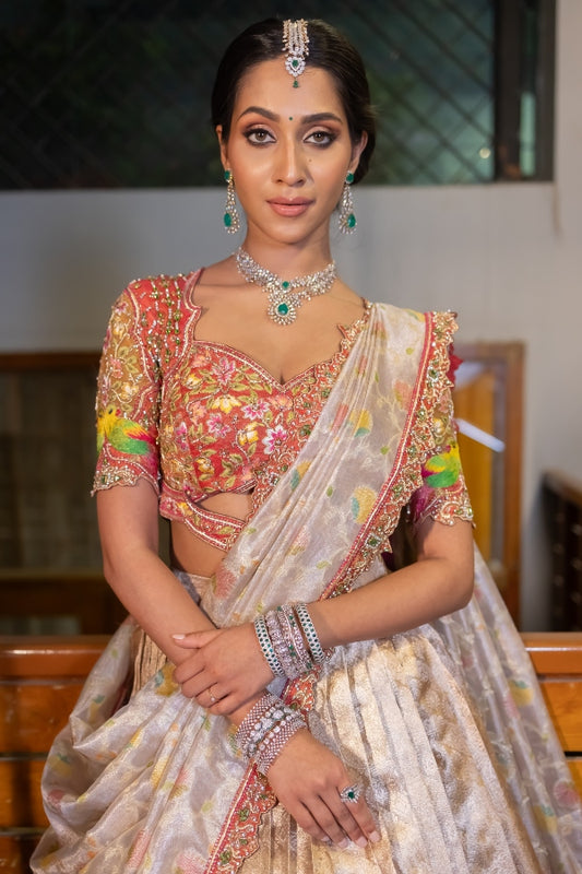 BRIDAL KANJEEVARAM HALF SAREE IN PEACH AND SILVER