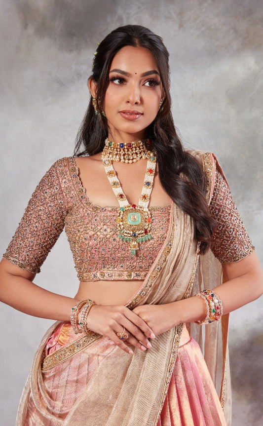 BRIDAL KANJEEVARAM HALF SAREE IN SILVER AND PEACH