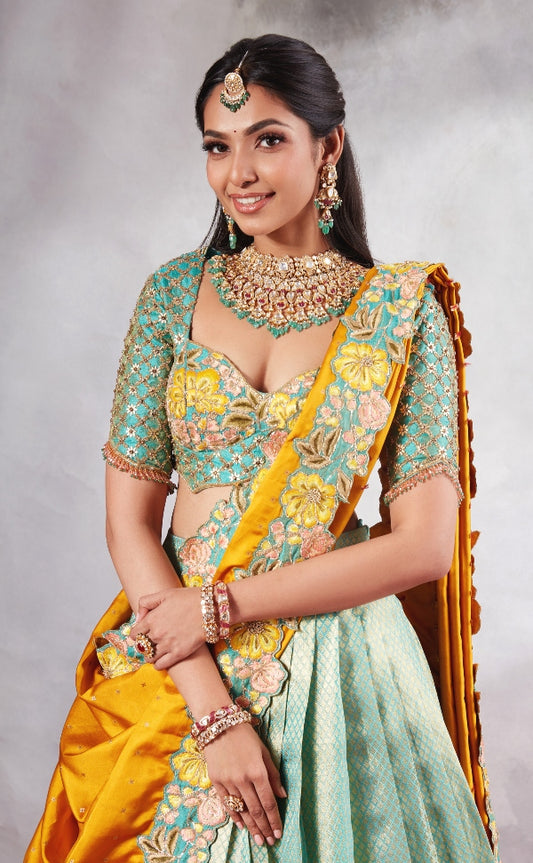BRIDAL KANJEEVARAM HALF SAREE IN MUSTARD AND GREEN