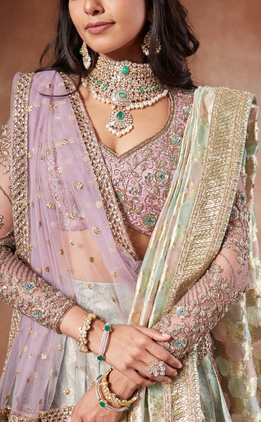 BRIDAL KANJEEVARAM HALF SAREE IN LILAC AND GREEN