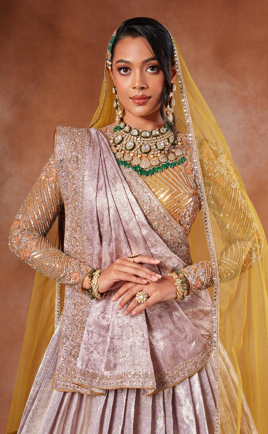 BRIDAL KANJEEVARAM HALF SAREE IN LILAC AND MUSTARD