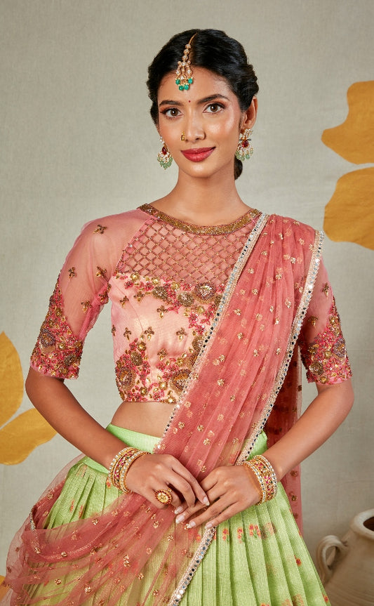 DESIGNER GREEN AND PINK HALF SAREE SET