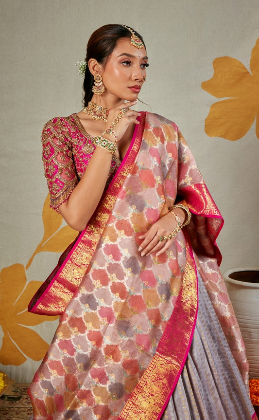 BRIDAL KANJEEVARAM HALF SAREE IN PINK AND GREY