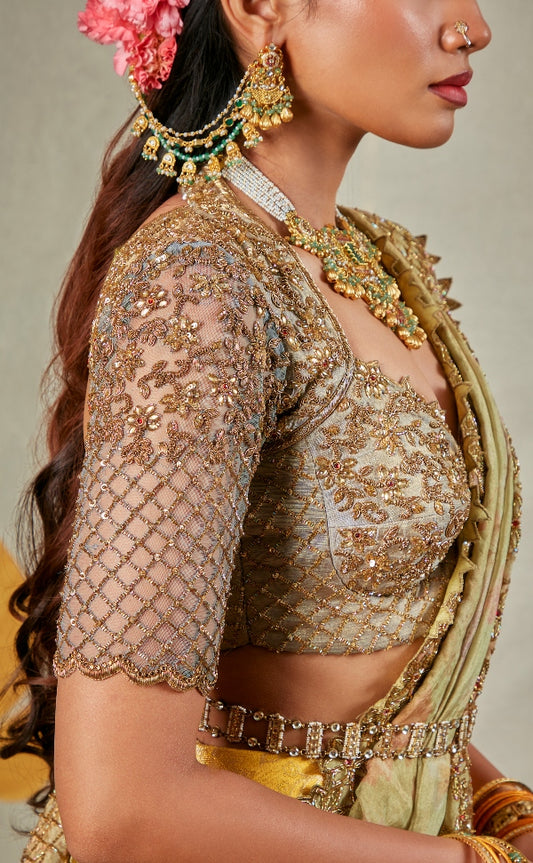 BRIDAL KANJEEVARAM HALF SAREE IN YELLOW AND GREY