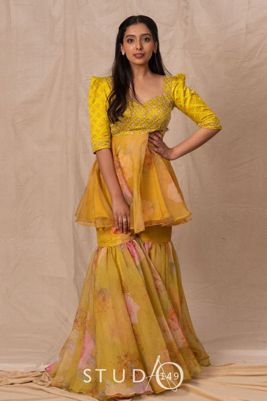 PRINTED DESIGNER PEPLUM TOP & SHARARA PANTS