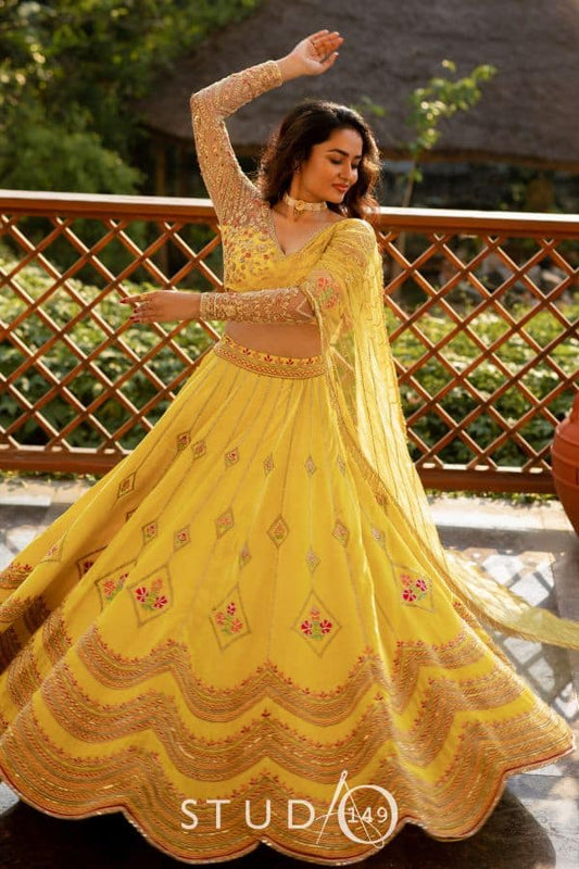 BRIDAL YELLOW VELVET LEHENGA