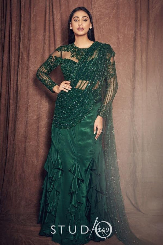 DESIGNER DRAPED SAREE IN GREEN