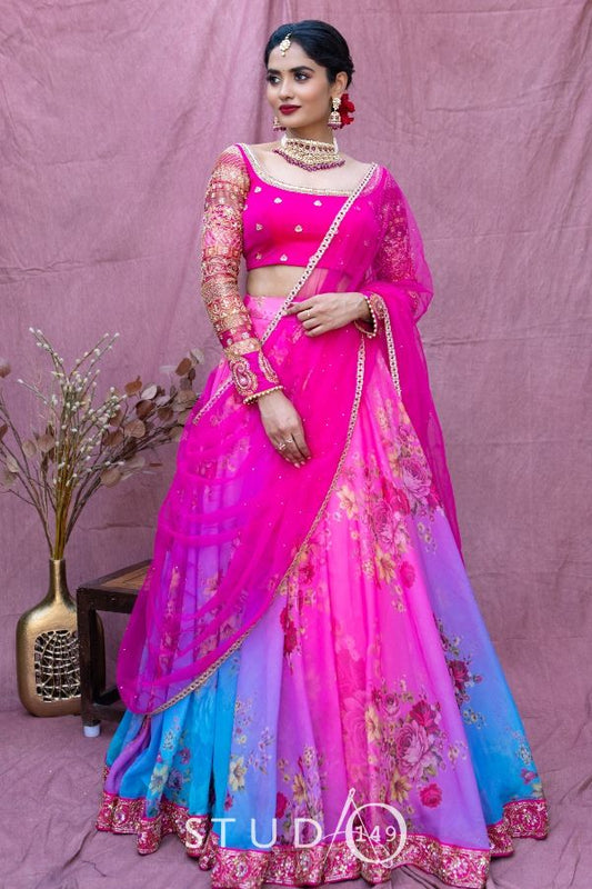 DESIGNER PRINTED CROP TOP & SKIRT IN PINK
