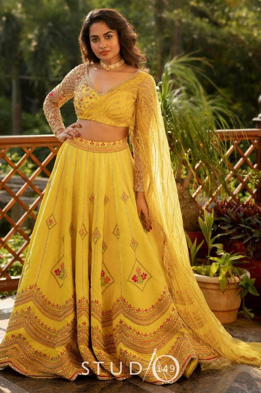 BRIDAL YELLOW VELVET LEHENGA