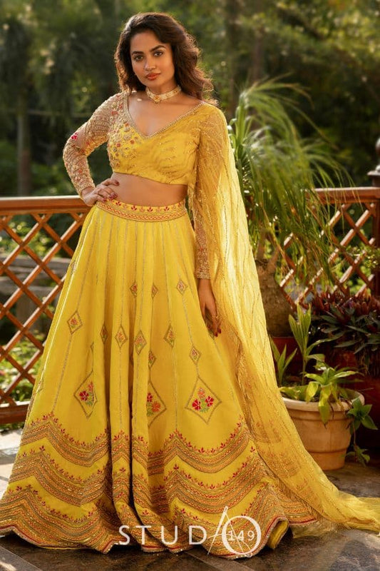 BRIDAL YELLOW VELVET LEHENGA