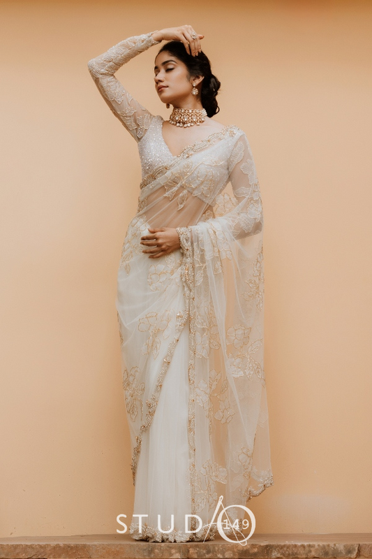 CONTEMPORARY TULLE DESIGNER SAREE IN WHITE