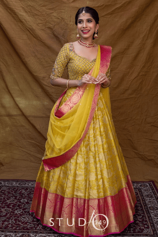 BRIDAL KANJEEVARAM HALF SAREE SET IN YELLOW