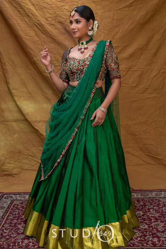 BRIDAL KANJEEVARAM HALF SAREE SET IN GREEN