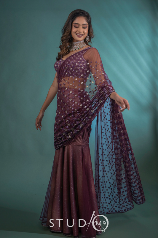 DESIGNER DRAPED SAREE IN WINE
