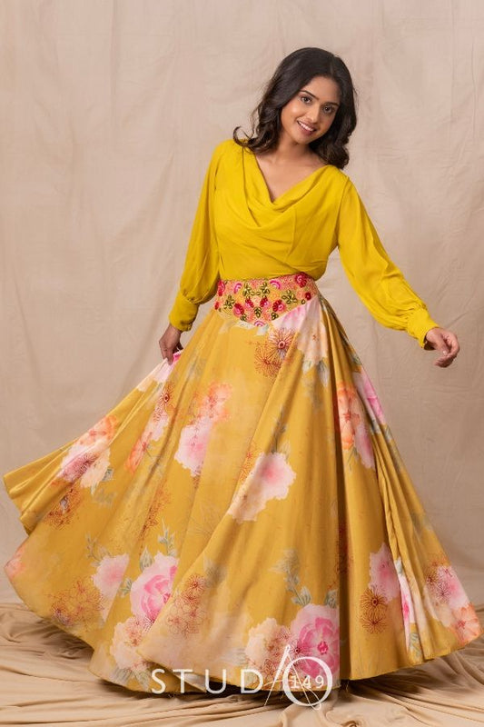 DESIGNER PRINTED COWL CROP TOP & SKIRT