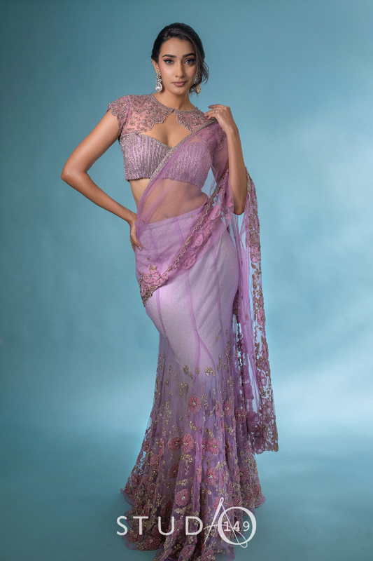 CONTEMPORARY DRAPED DESIGNER SAREE IN LILAC