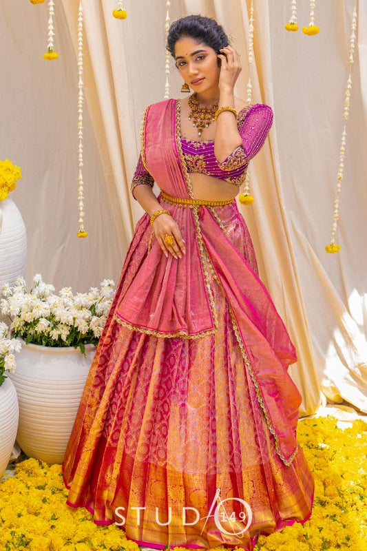 BRIDAL KANJEEVARAM HALF SAREE SET IN PINK