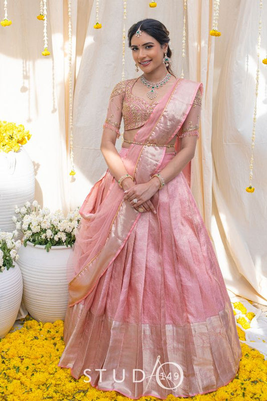 KANJEEVARAM BRIDAL HALF SAREE SET IN PINK