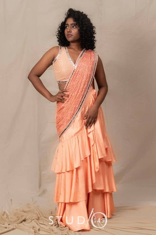 DESIGNER PRINTED EMBROIDERED DRAPED SAREE IN PEACH