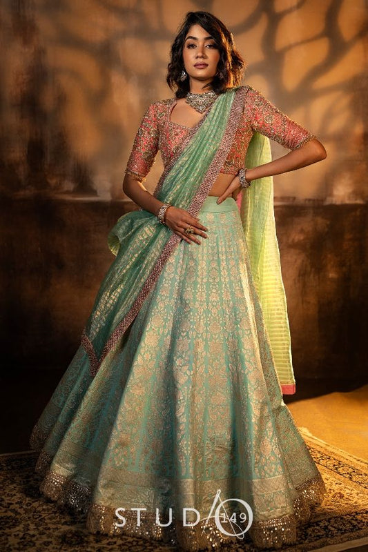 BRIDAL DESIGNER BANARES SILK LEHANGA IN MINT GREEN