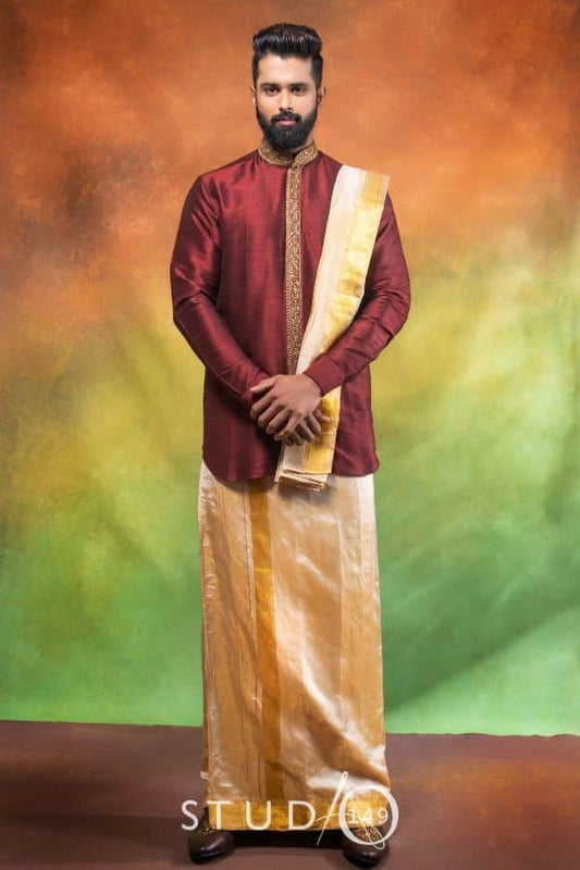 DESIGNER KURTA AND VESHTI SET IN MAROON