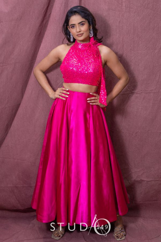DESIGNER CROP TOP & SKIRT IN PINK