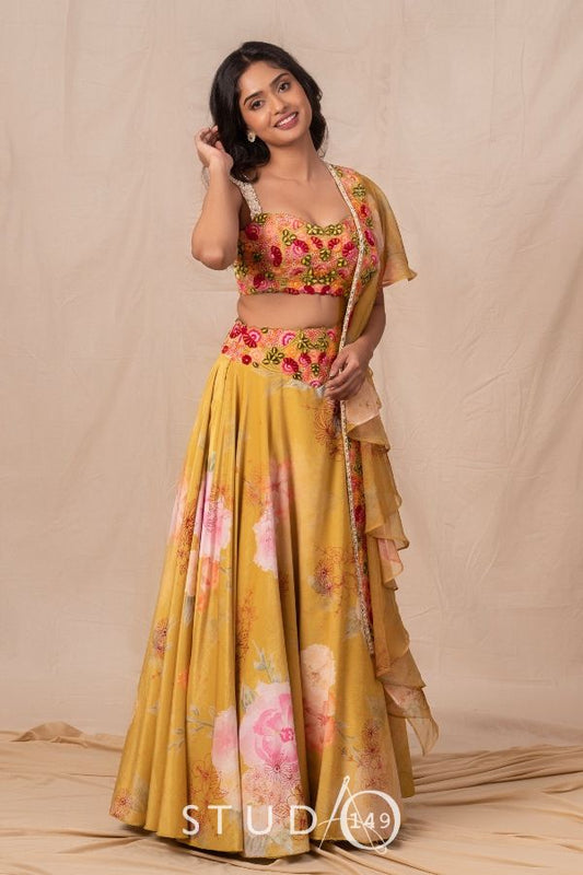 PRINTED DESIGNER CROP TOP & SKIRT IN LIME