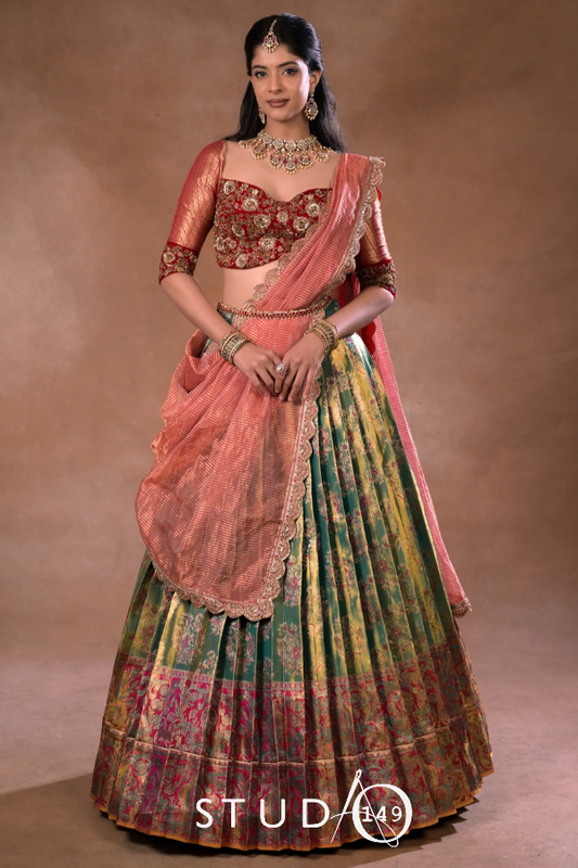 Kanjeevaram half saree in Burgundy and Green | Bridal / Engagement wear by Studio 149, Chennai