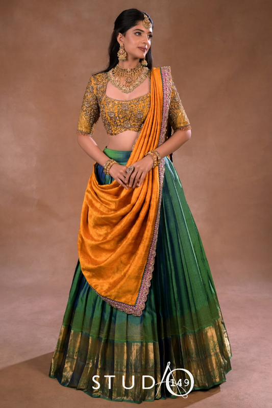 Kanjeevaram half saree in Mustard and Turquoise| Bridal / Engagement wear by Studio 149, Chennai