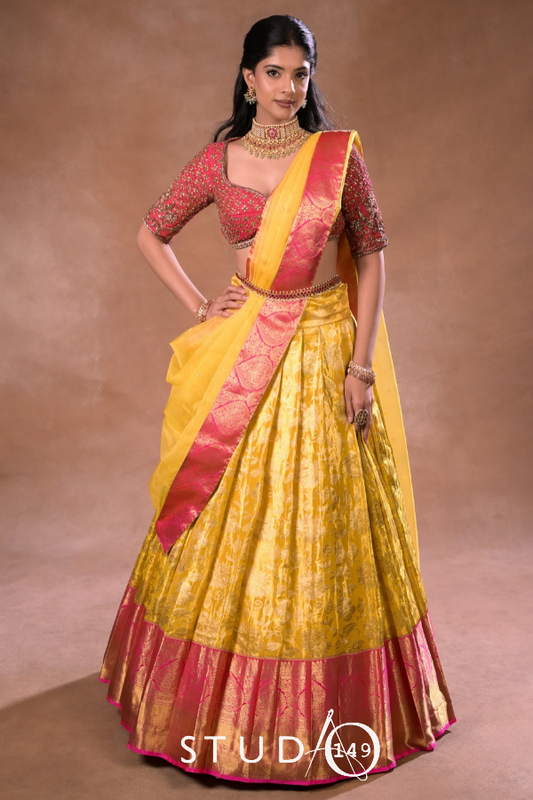 Kanjeevaram half saree yellow and pink| Bridal / Engagement wear by Studio 149, Chennai