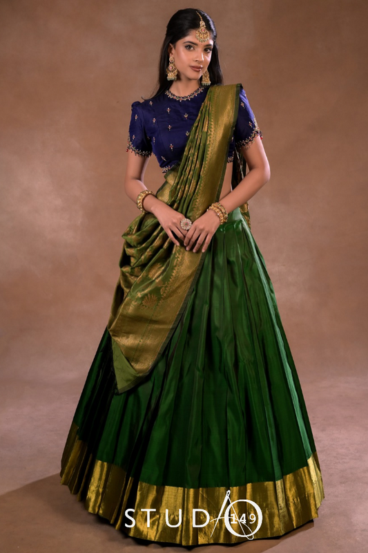 Kanjeevaram half saree blue and green | Bridal / Engagement wear by Studio 149, Chennai
