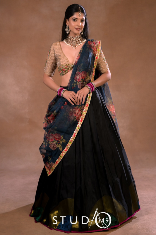 Kanjeevaram half saree in black and gold| Bridal / Engagement wear by Studio 149, Chennai