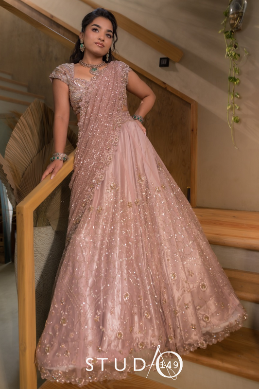 Hand embroidered lehenga in mauve| Reception / Bridal wear by Studio149, Chennai